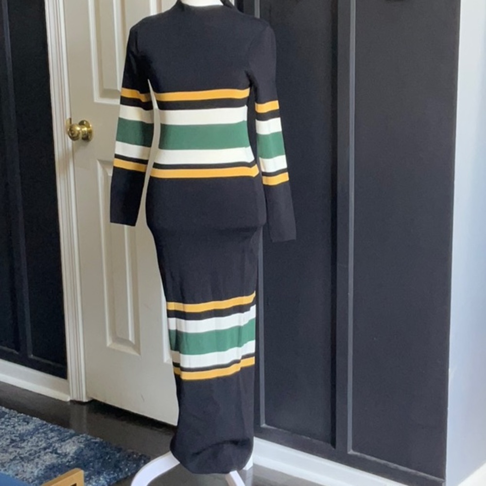 Fashion Nova Black Maxi Dress with Green and Gold Stripes